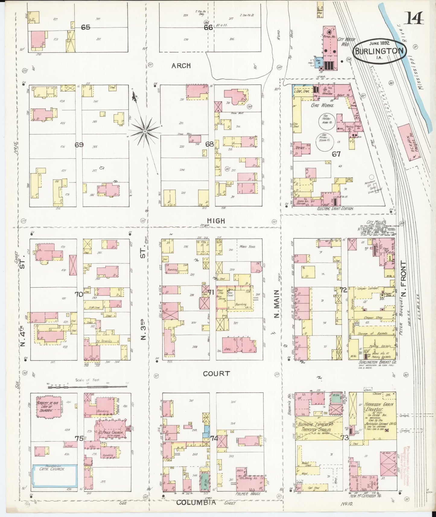 Sanborn Fire Insurance Map from Burlington, Des Moines County, Iowa (1892), Sheet #0014 - Historic Sanborn Fire Insurance Map Print, vintage old map wall art