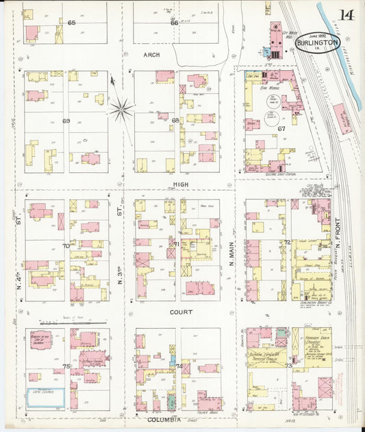 Sanborn Fire Insurance Map from Burlington, Des Moines County, Iowa (1892), Sheet #0014 - Historic Sanborn Fire Insurance Map Print, vintage old map wall art