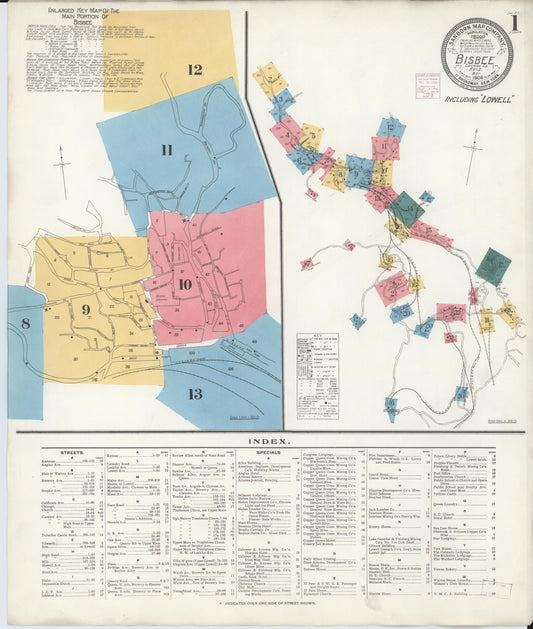 Sanborn Fire Insurance Map from Bisbee, Cochise County, Arizona (1906), Sheet #0001 - Complete Map Set gallery image, historic Sanborn map, vintage wall art, Arizona Arizona