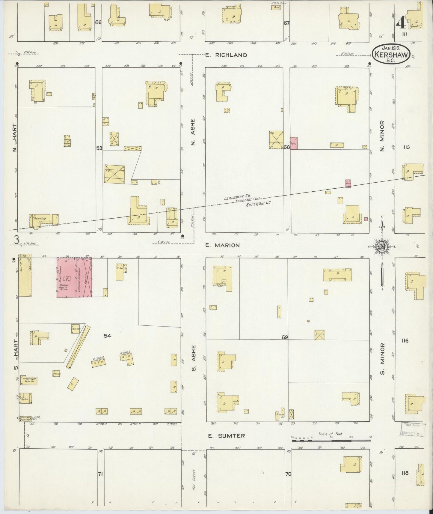 Sanborn Fire Insurance Map from Kershaw, Kershaw And Lancaster Counties, South Carolina (1916), Sheet #0004 - Complete Map Set gallery image, historic Sanborn map, vintage wall art, South Carolina South Carolina