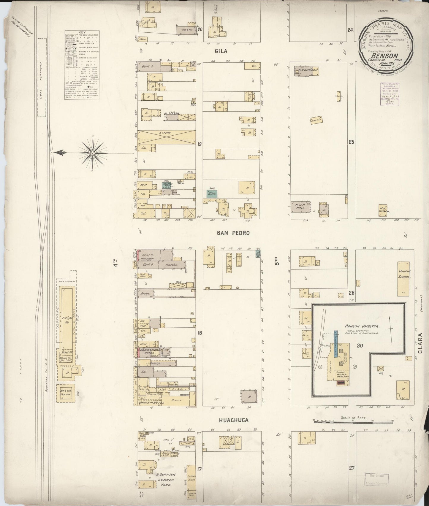 Sanborn Fire Insurance Map from Benson, Cochise County, Arizona (1901), Sheet #0001 - Historic Sanborn Fire Insurance Map Print, vintage old map wall art, antique decor, genealogy gift, Arizona Arizona map