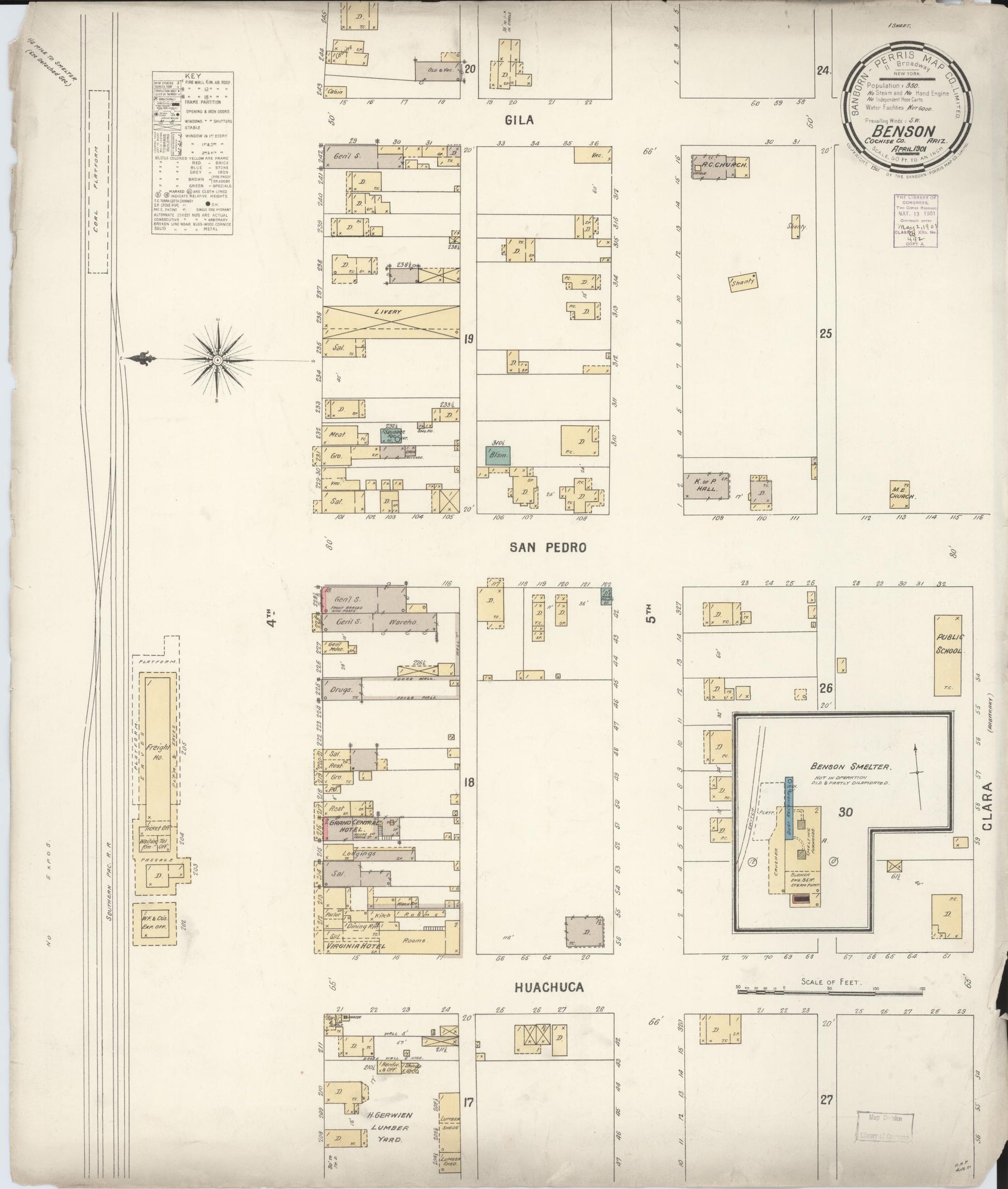 Sanborn Fire Insurance Map from Benson, Cochise County, Arizona (1901), Sheet #0001 - Historic Sanborn Fire Insurance Map Print, vintage old map wall art, antique decor, genealogy gift, Arizona Arizona map