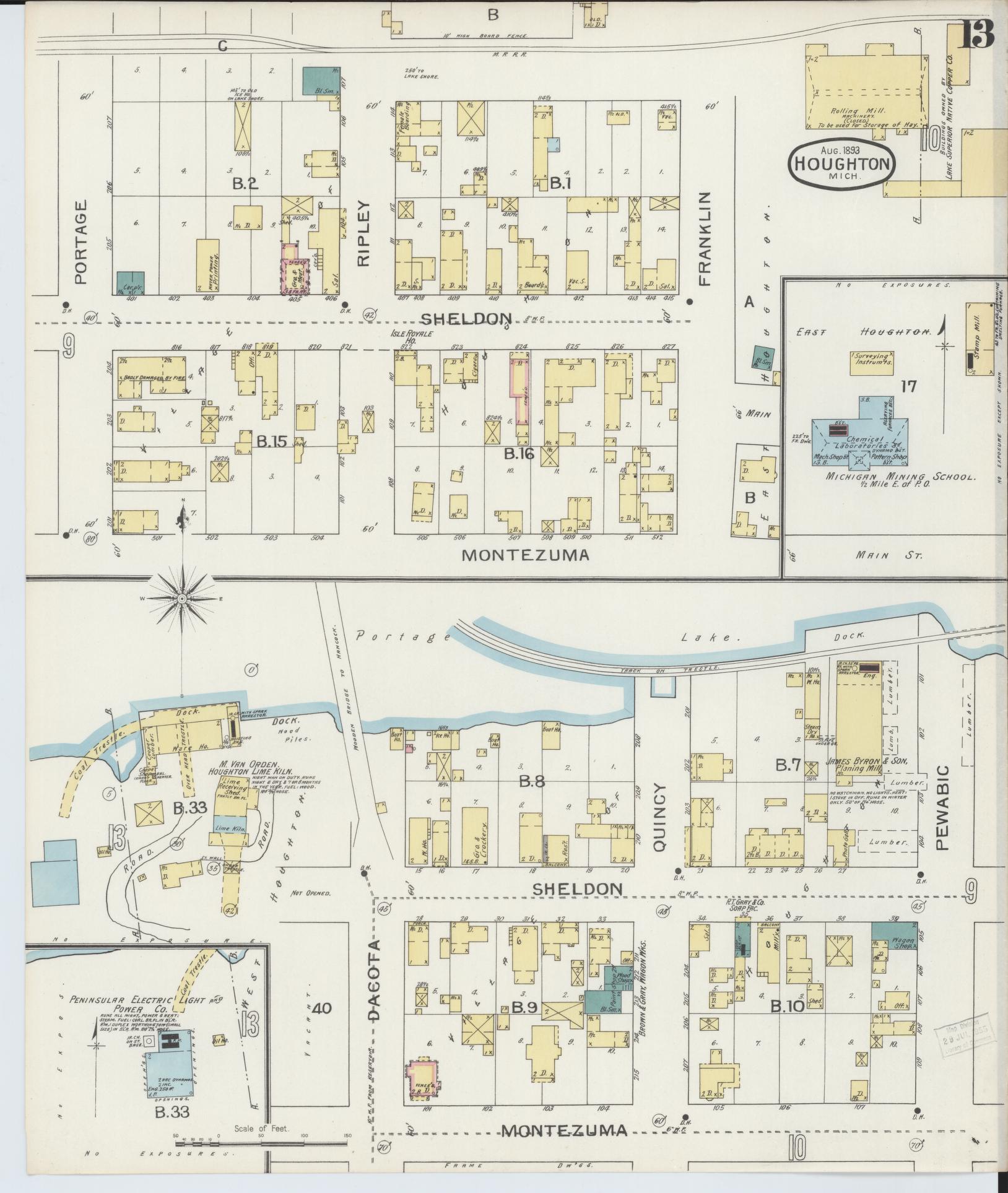 Sanborn Fire Insurance Map from Houghton, Houghton County, Michigan (1893), Sheet #0013 - Complete Map Set gallery image, historic Sanborn map, vintage wall art, Michigan Michigan