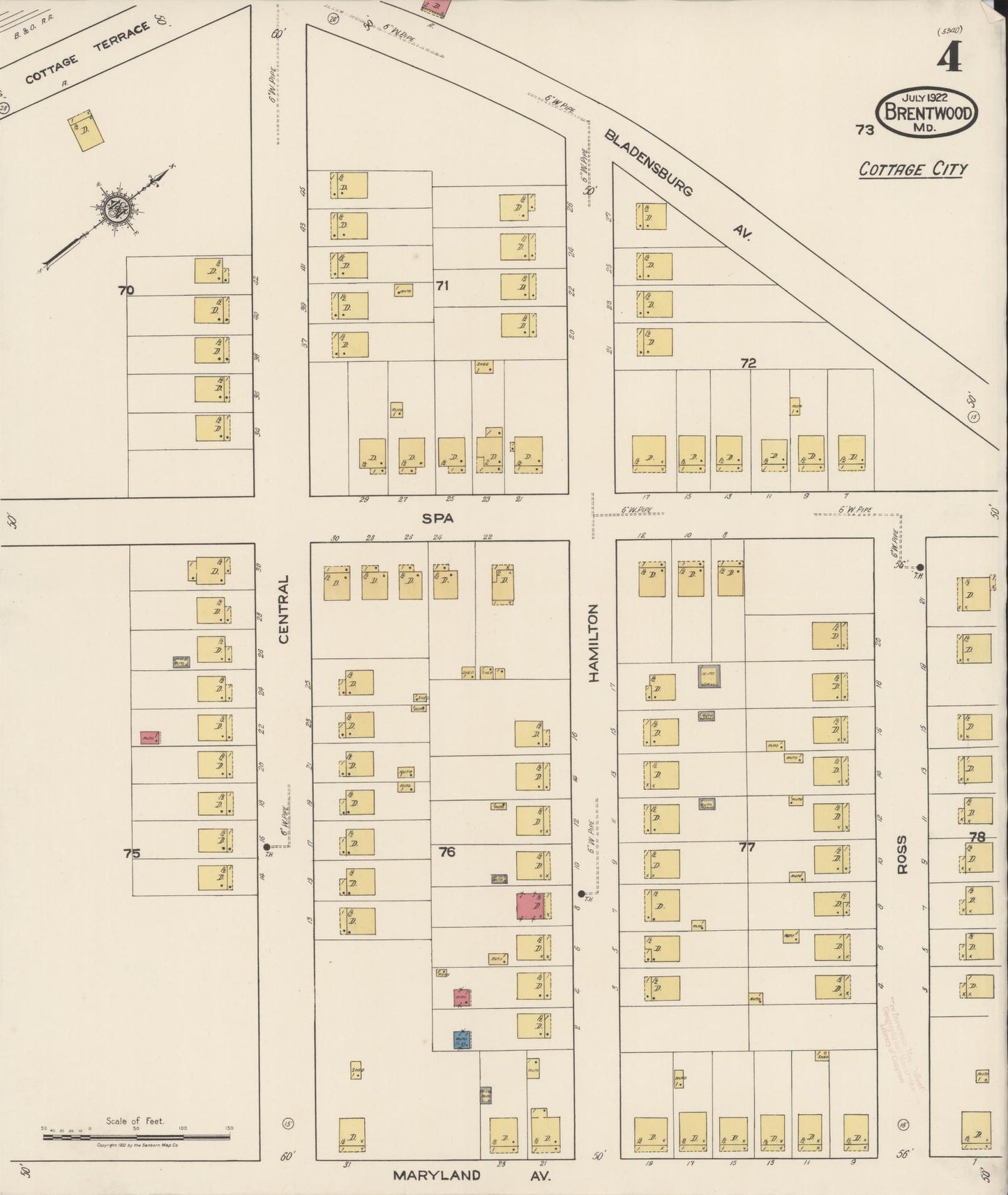 Sanborn Fire Insurance Map from Brentwood, Prince Georges County, Maryland (1922), Sheet #0004 - Complete Map Set gallery image, historic Sanborn map, vintage wall art, Maryland Maryland