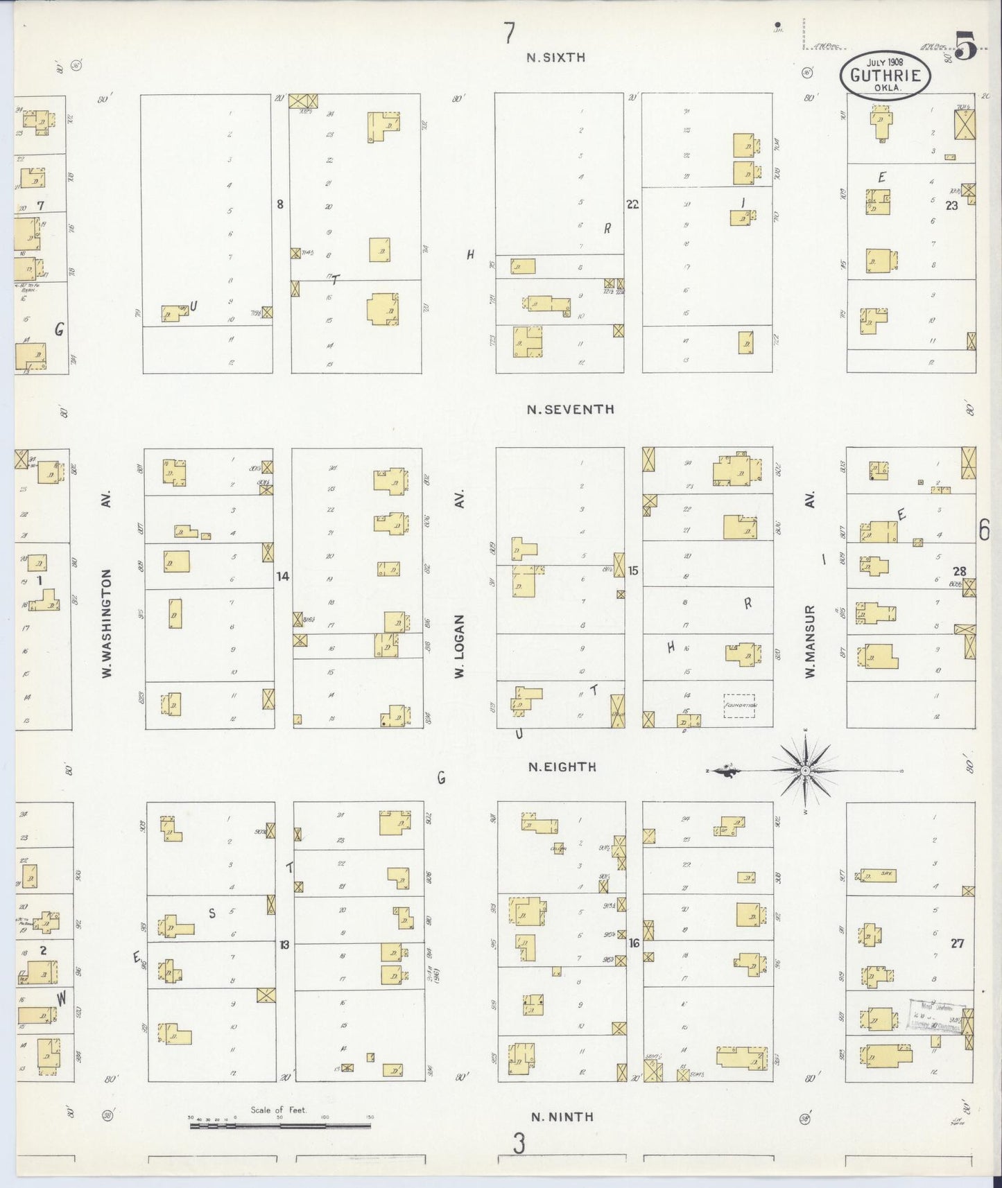 Sanborn Fire Insurance Map from Guthrie, Logan County, Oklahoma (1908), Sheet #0005 - Historic Sanborn Fire Insurance Map Print, vintage old map wall art, antique decor, genealogy gift, Oklahoma Oklahoma map