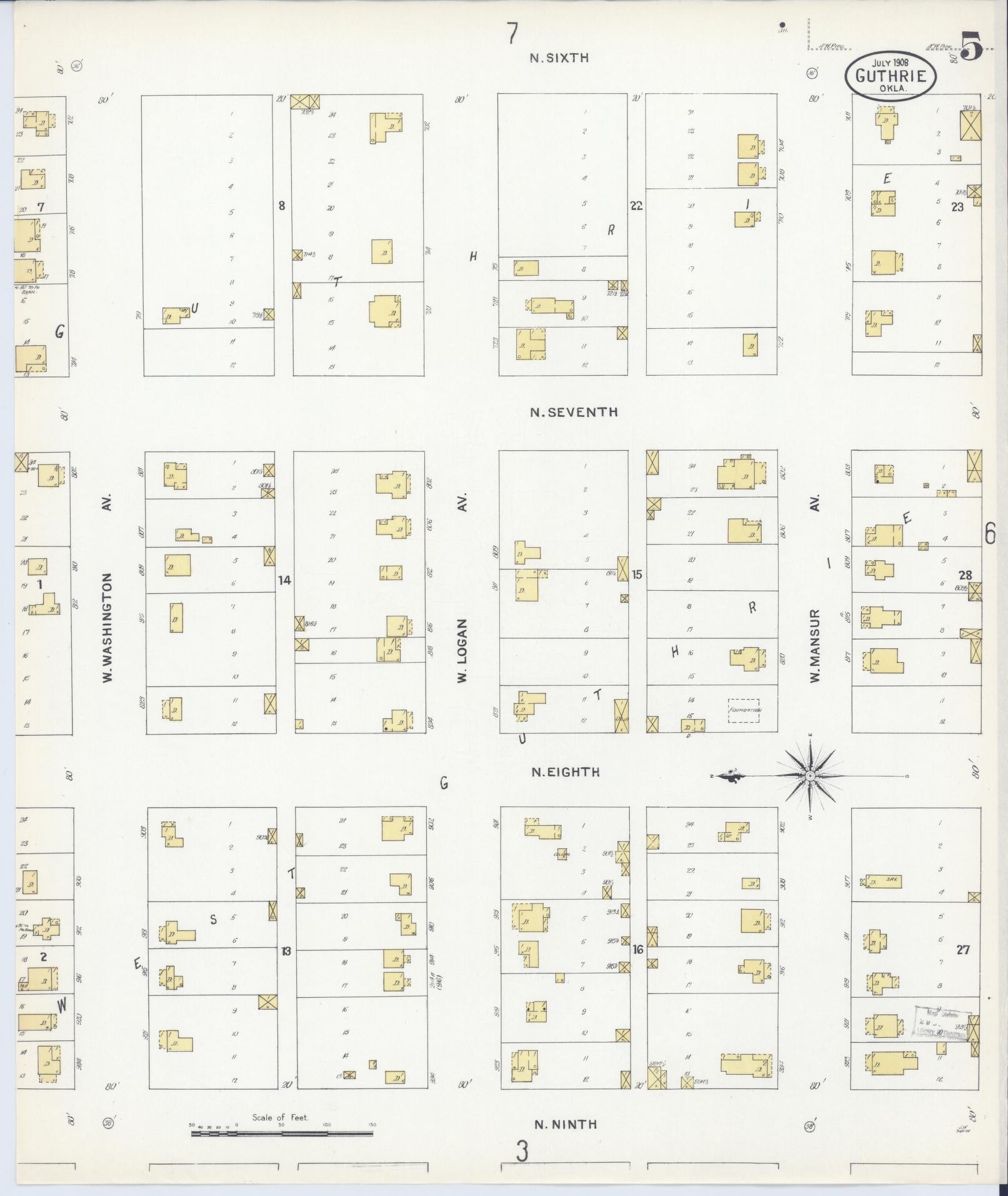 Sanborn Fire Insurance Map from Guthrie, Logan County, Oklahoma (1908), Sheet #0005 - Historic Sanborn Fire Insurance Map Print, vintage old map wall art, antique decor, genealogy gift, Oklahoma Oklahoma map