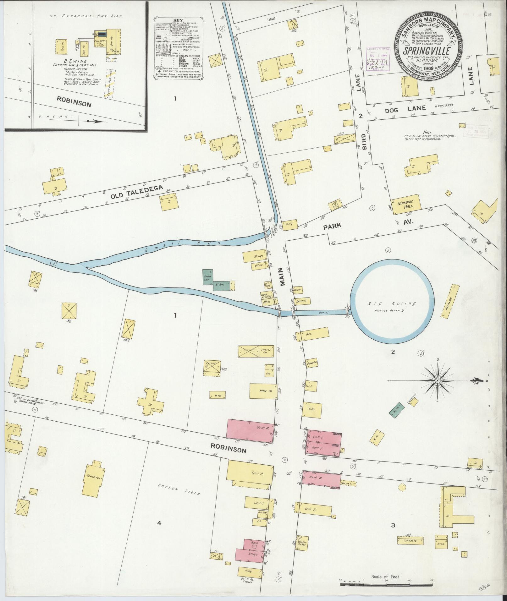 Sanborn Fire Insurance Map from Springville, Saint Clair County, Alabama (1909), Sheet #0001 - Complete Map Set gallery image, historic Sanborn map, vintage wall art, Alabama Alabama