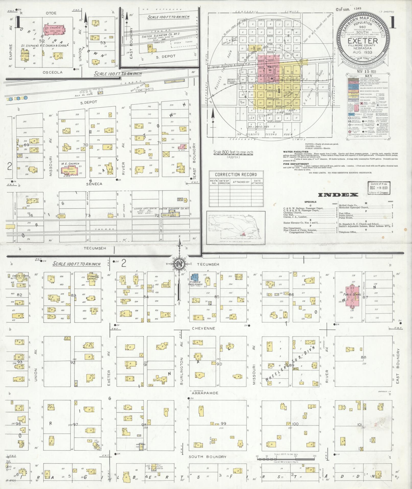 Sanborn Fire Insurance Map from Exeter, Fillmore County, Nebraska (1933), Sheet #0001 - Historic Sanborn Fire Insurance Map Print, vintage old map wall art, antique decor, genealogy gift, Nebraska Nebraska map