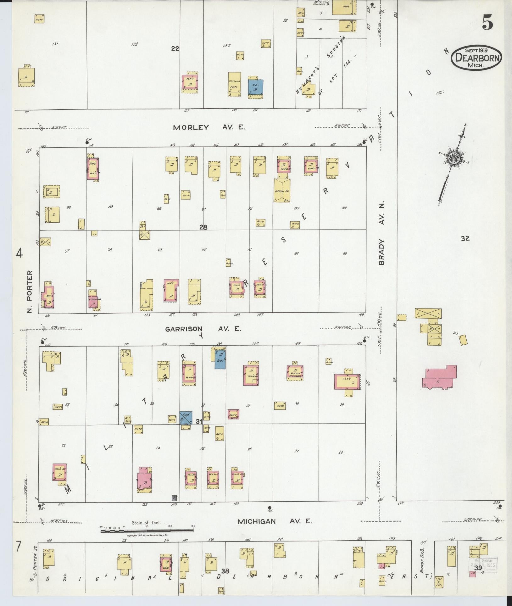 Sanborn Fire Insurance Map from Dearborn, Wayne County, Michigan (1919), Sheet #0005 - Historic Sanborn Fire Insurance Map Print, vintage old map wall art, antique decor, genealogy gift, Michigan Michigan map