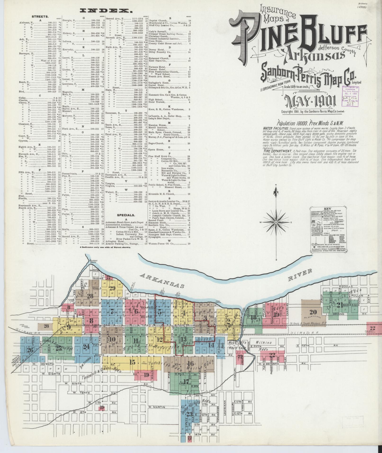 Sanborn Fire Insurance Map from Pine Bluff, Jefferson County, Arkansas (1901), Sheet #0001 - Historic Sanborn Fire Insurance Map Print, vintage old map wall art, antique decor, genealogy gift, Arkansas Arkansas map