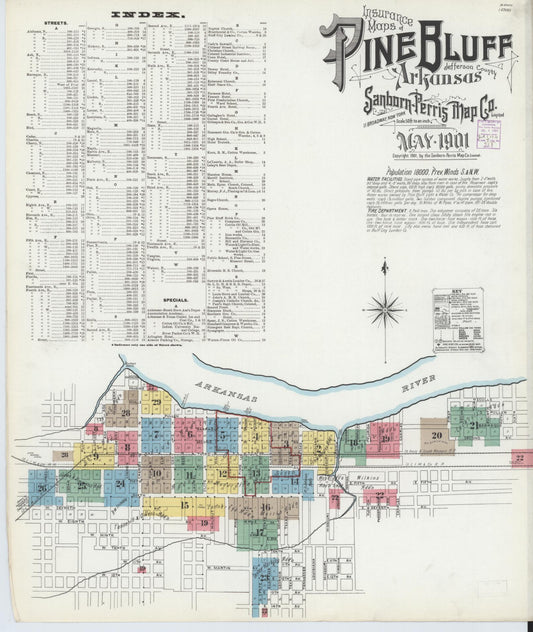 Sanborn Fire Insurance Map from Pine Bluff, Jefferson County, Arkansas (1901), Sheet #0001 - Historic Sanborn Fire Insurance Map Print, vintage old map wall art, antique decor, genealogy gift, Arkansas Arkansas map