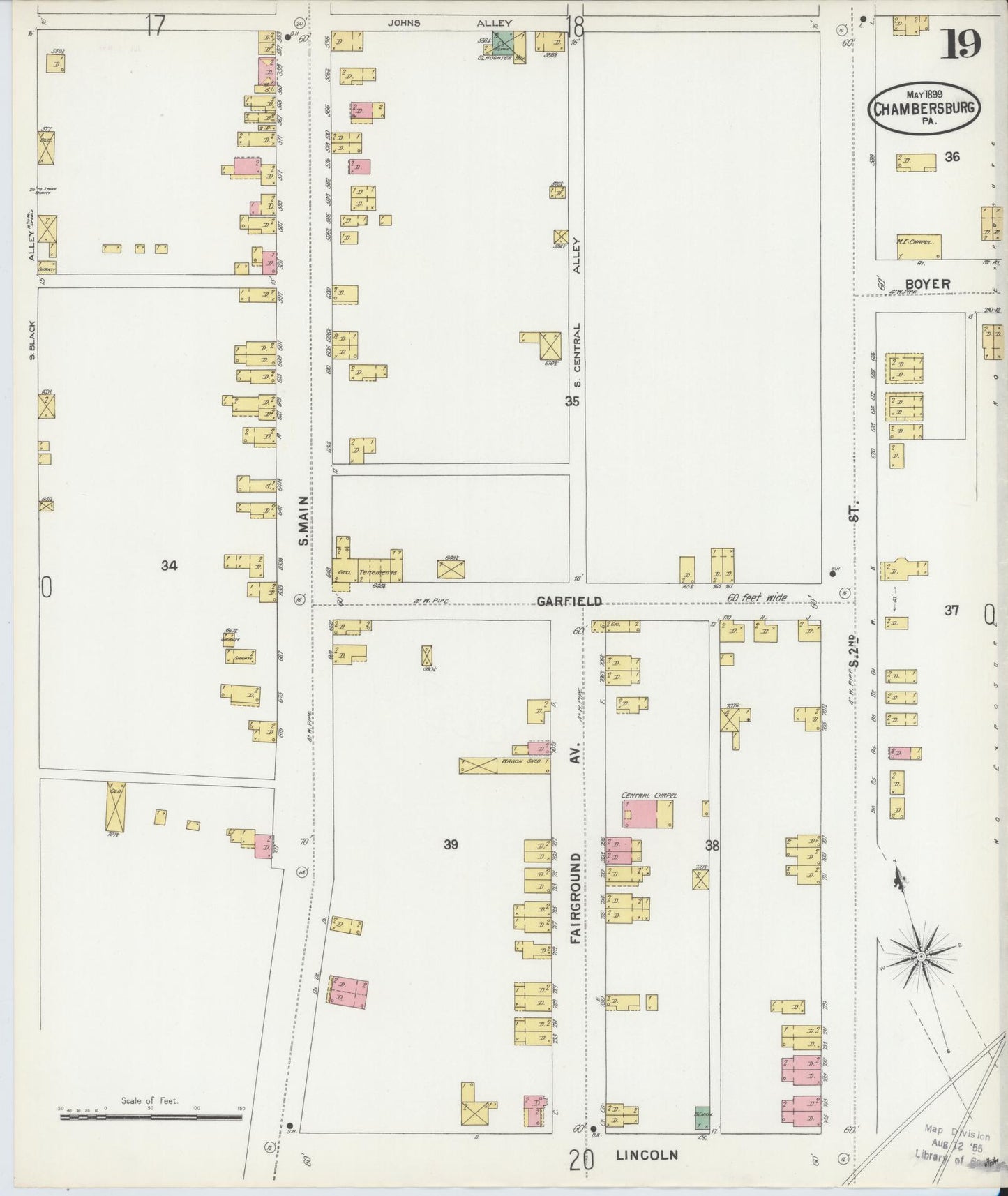 Sanborn Fire Insurance Map from Chambersburg, Franklin County, Pennsylvania (1899), Sheet #0019 - Historic Sanborn Fire Insurance Map Print, vintage old map wall art, antique decor, genealogy gift, Pennsylvania Pennsylvania map