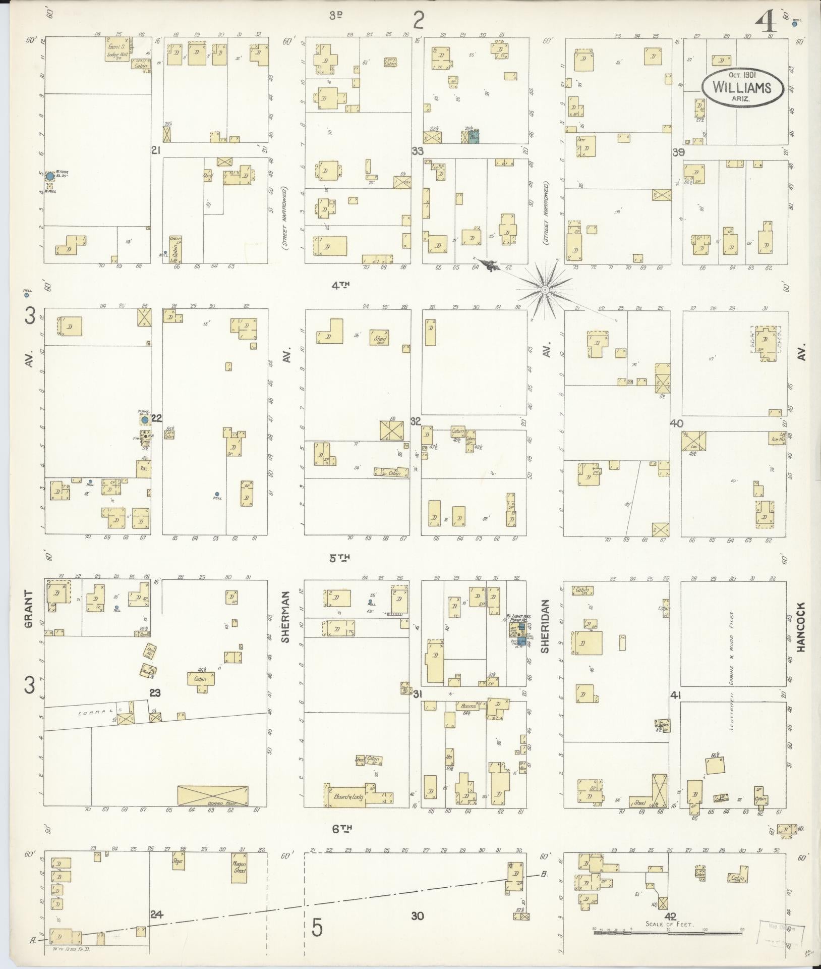 Sanborn Fire Insurance Map from Williams, Coconino County, Arizona (1901), Sheet #0004 - Historic Sanborn Fire Insurance Map Print, vintage old map wall art, antique decor, genealogy gift, Arizona Arizona map