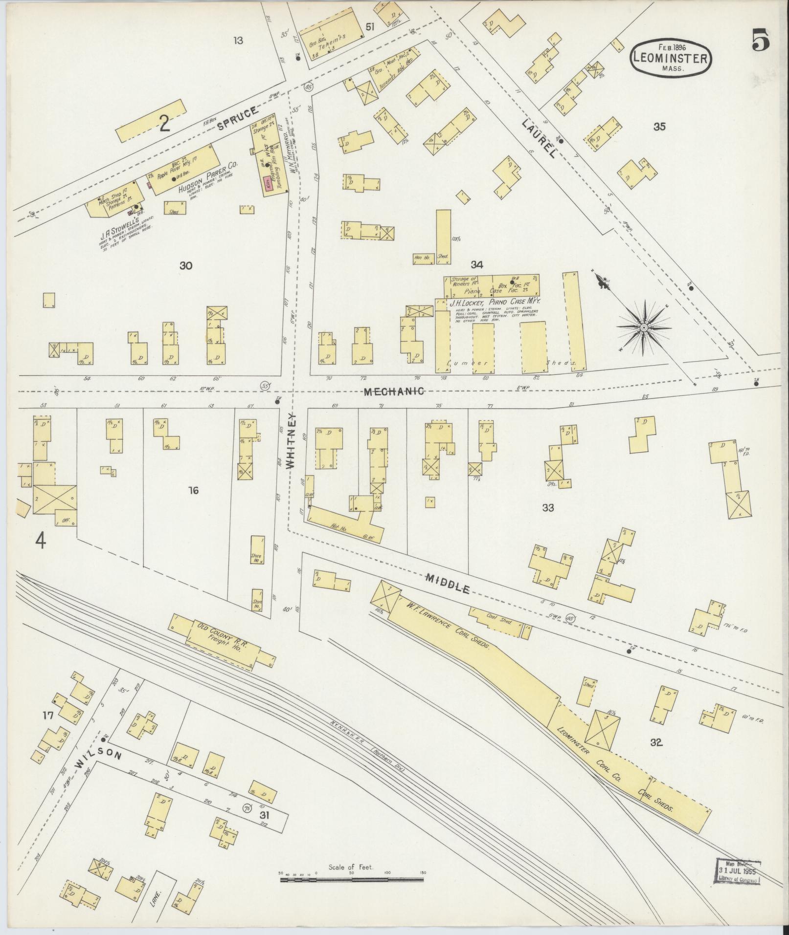 Sanborn Fire Insurance Map from Leominster, Worcester County, Massachusetts (1896), Sheet #0005 - Historic Sanborn Fire Insurance Map Print, vintage old map wall art, antique decor, genealogy gift, Massachusetts Massachusetts map