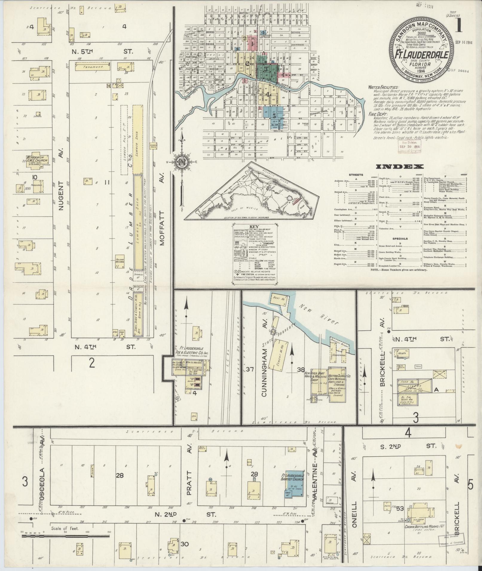 Sanborn Fire Insurance Map from Fort Lauderdale, Broward County, Florida (1914), Sheet #0001 - Historic Sanborn Fire Insurance Map Print, vintage old map wall art, antique decor, genealogy gift, Florida Florida map