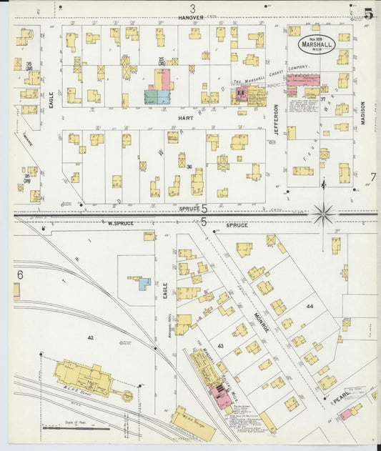 Sanborn Fire Insurance Map from Marshall, Calhoun County, Michigan (1899), Sheet #0005 - Historic Sanborn Fire Insurance Map Print, vintage old map wall art, antique decor, genealogy gift, Michigan Michigan map