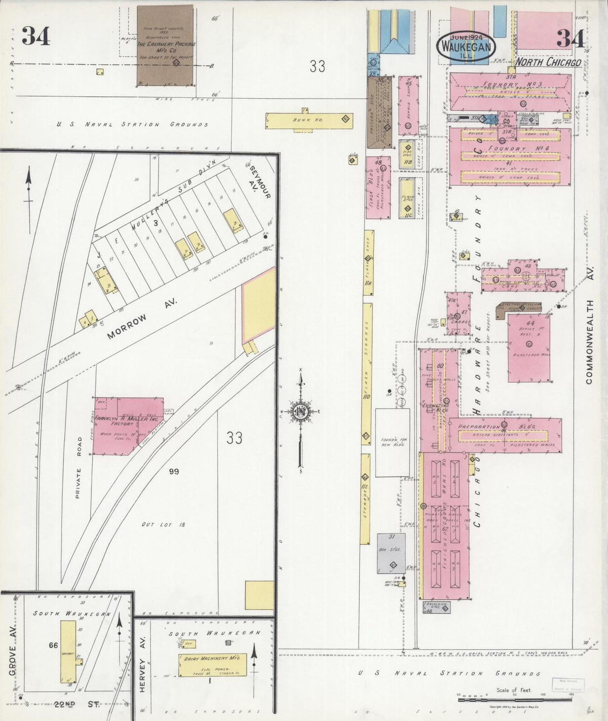 Sanborn Fire Insurance Map from Waukegan, Lake County, Illinois (1924), Sheet #0034 - Complete Map Set gallery image, historic Sanborn map, vintage wall art, Illinois Illinois