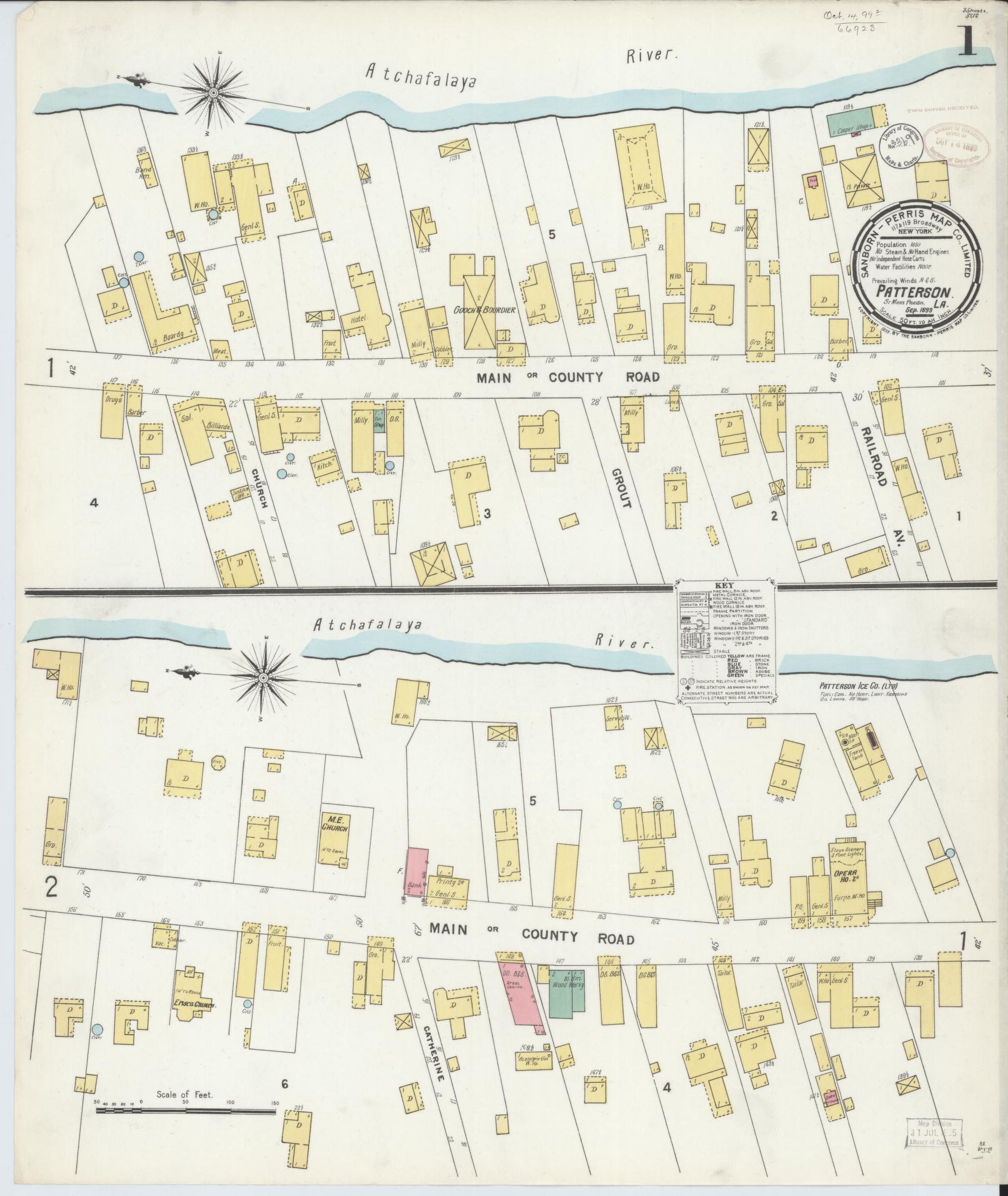 Sanborn Fire Insurance Map from Patterson, Saint Mary Parish, Louisiana (1899), Sheet #0001 - Historic Sanborn Fire Insurance Map Print, vintage old map wall art, antique decor, genealogy gift, Louisiana Louisiana map