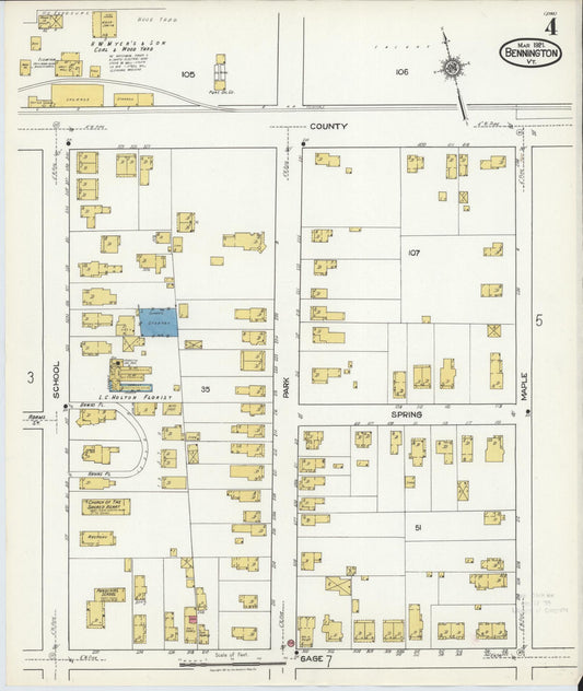 Sanborn Fire Insurance Map from Bennington, Bennington County, Vermont (1921), Sheet #0004 - Historic Sanborn Fire Insurance Map Print, vintage old map wall art, antique decor, genealogy gift, Vermont Vermont map