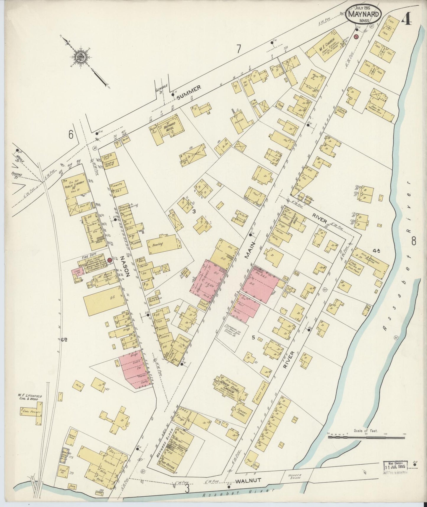 Sanborn Fire Insurance Map from Maynard, Middlesex County, Massachusetts (1915), Sheet #0004 - Historic Sanborn Fire Insurance Map Print, vintage old map wall art, antique decor, genealogy gift, Massachusetts Massachusetts map