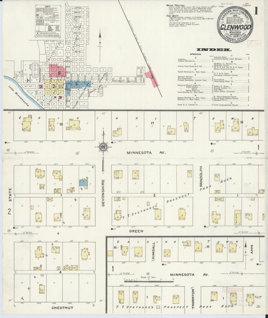 Sanborn Fire Insurance Map from Glenwood, Pope County, Minnesota (1909), Sheet #0001 - Complete Map Set gallery image, historic Sanborn map, vintage wall art, Minnesota Minnesota