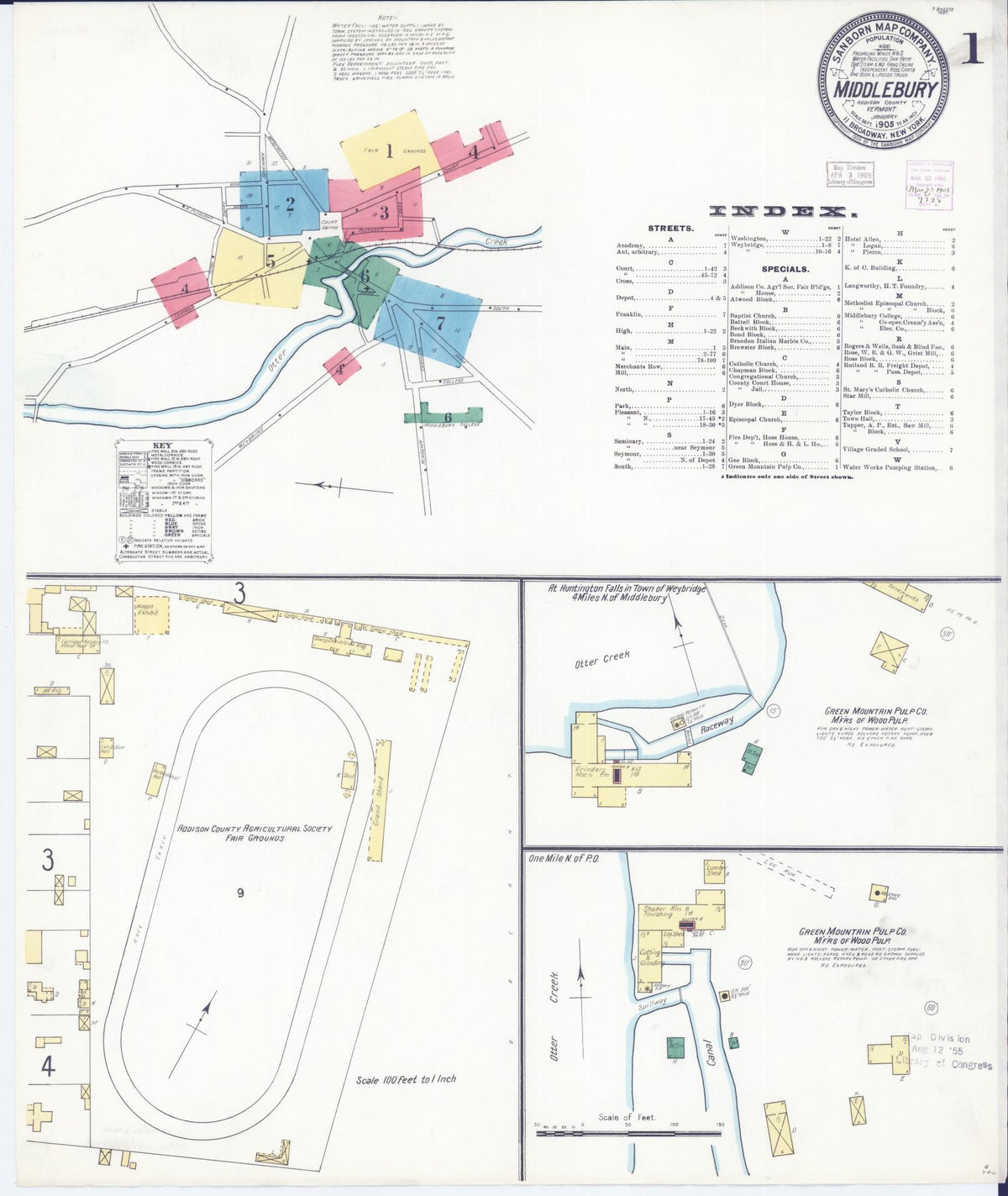 Sanborn Fire Insurance Map from Middlebury, Addison County, Vermont (1905), Sheet #0001 - Historic Sanborn Fire Insurance Map Print, vintage old map wall art, antique decor, genealogy gift, Vermont Vermont map
