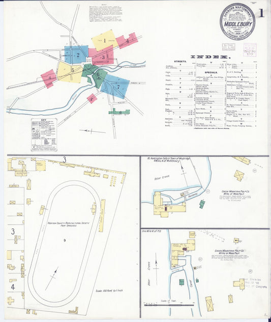 Sanborn Fire Insurance Map from Middlebury, Addison County, Vermont (1905), Sheet #0001 - Historic Sanborn Fire Insurance Map Print, vintage old map wall art, antique decor, genealogy gift, Vermont Vermont map