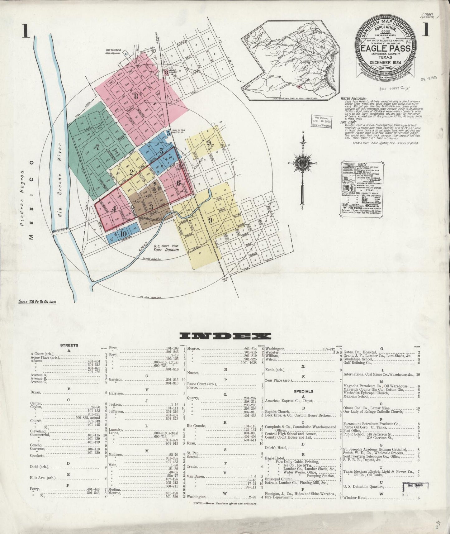 Sanborn Fire Insurance Map from Eagle Pass, Maverick County, Texas (1924), Sheet #0001 - Historic Sanborn Fire Insurance Map Print, vintage old map wall art, antique decor, genealogy gift, Texas Texas map