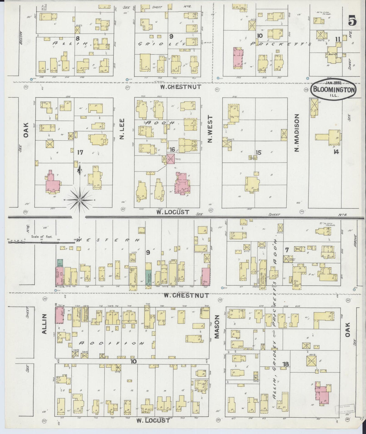 Sanborn Fire Insurance Map from Bloomington, McLean County, Illinois (1892), Sheet #0005 - Historic Sanborn Fire Insurance Map Print, vintage old map wall art, antique decor, genealogy gift, Illinois Illinois map