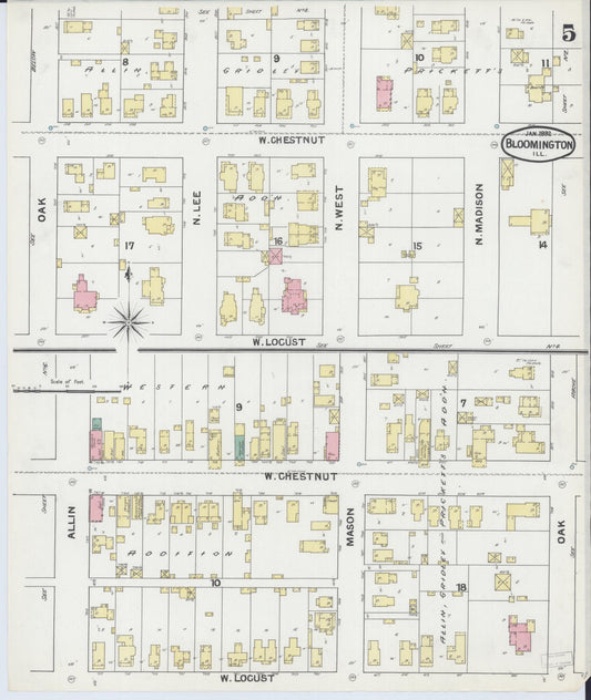 Sanborn Fire Insurance Map from Bloomington, McLean County, Illinois (1892), Sheet #0005 - Historic Sanborn Fire Insurance Map Print, vintage old map wall art, antique decor, genealogy gift, Illinois Illinois map