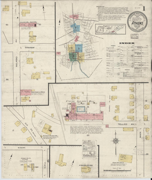 Sanborn Fire Insurance Map from Athens, McMinn County, Tennessee (1917), Sheet #0001 - Historic Sanborn Fire Insurance Map Print, vintage old map wall art, antique decor, genealogy gift, Tennessee Tennessee map