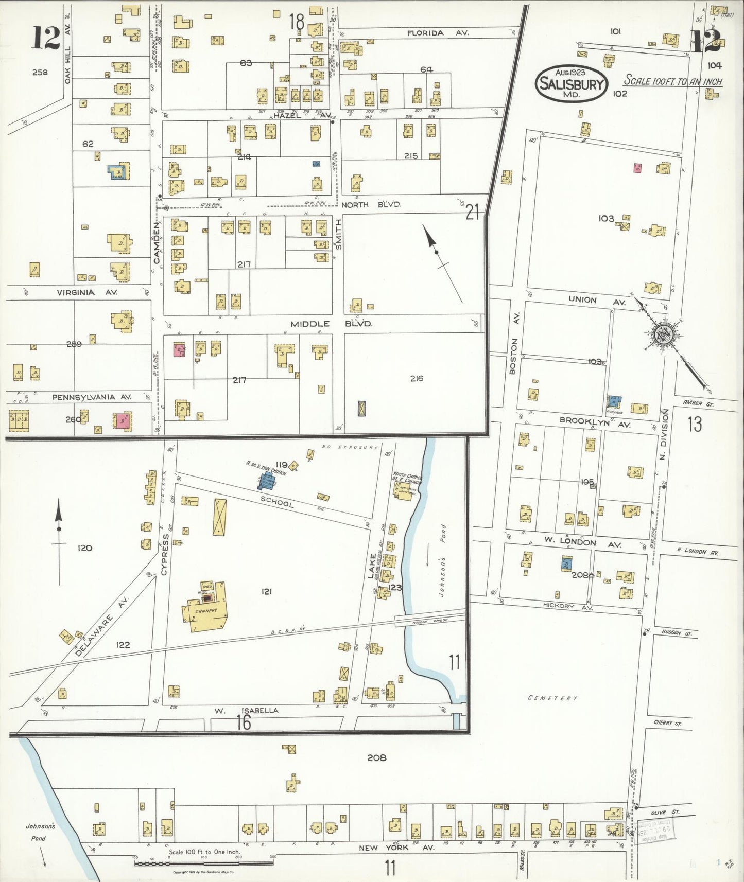 Sanborn Fire Insurance Map from Salisbury, Wicomico County, Maryland (1923), Sheet #0012 - Historic Sanborn Fire Insurance Map Print, vintage old map wall art