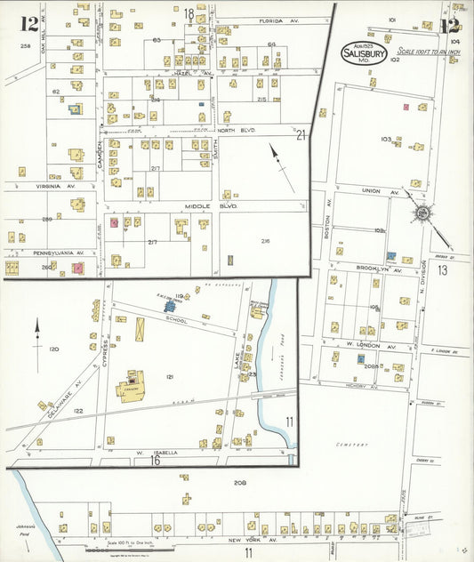 Sanborn Fire Insurance Map from Salisbury, Wicomico County, Maryland (1923), Sheet #0012 - Historic Sanborn Fire Insurance Map Print, vintage old map wall art