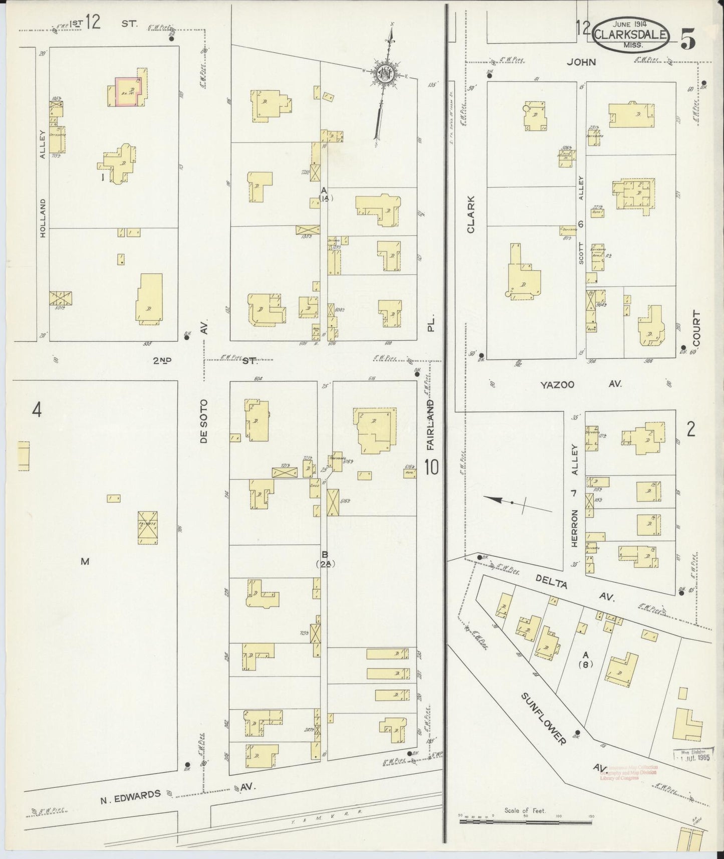 Sanborn Fire Insurance Map from Clarksdale, Coahoma County, Mississippi (1914), Sheet #0005 - Historic Sanborn Fire Insurance Map Print, vintage old map wall art, antique decor, genealogy gift, Mississippi Mississippi map