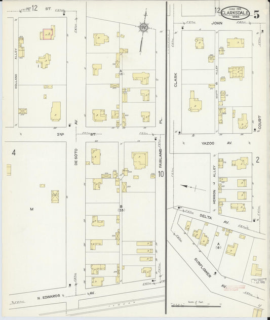 Sanborn Fire Insurance Map from Clarksdale, Coahoma County, Mississippi (1914), Sheet #0005 - Historic Sanborn Fire Insurance Map Print, vintage old map wall art, antique decor, genealogy gift, Mississippi Mississippi map