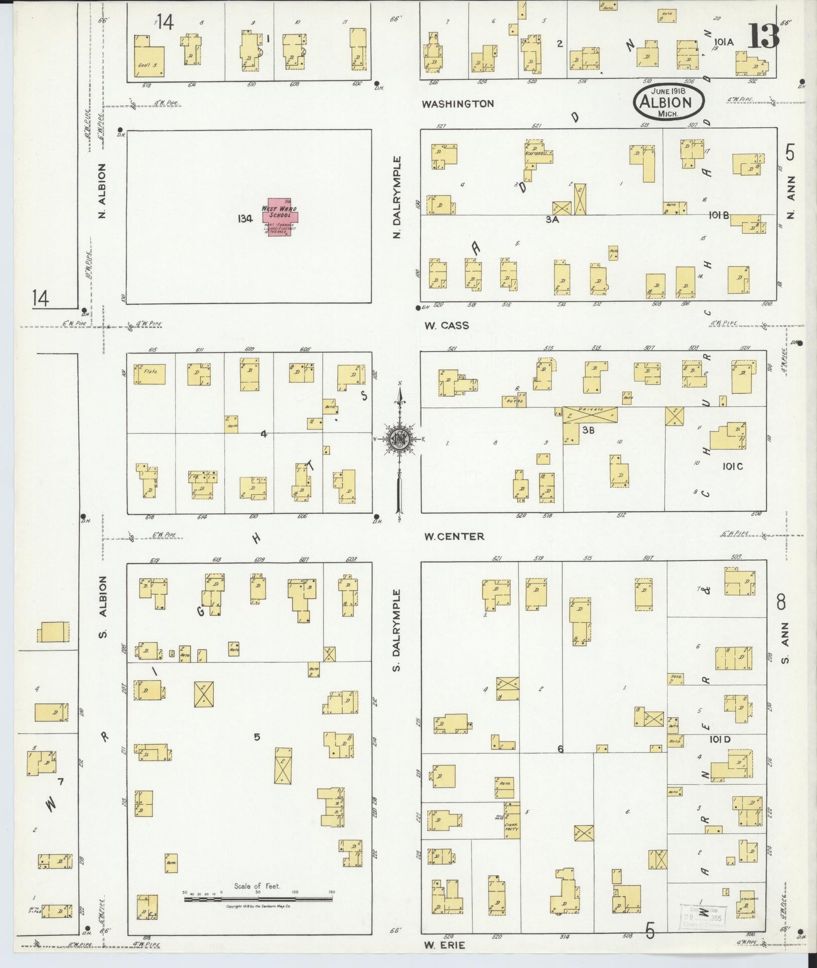 Sanborn Fire Insurance Map from Albion, Calhoun County, Michigan (1918), Sheet #0013 - Historic Sanborn Fire Insurance Map Print, vintage old map wall art, antique decor, genealogy gift, Michigan Michigan map