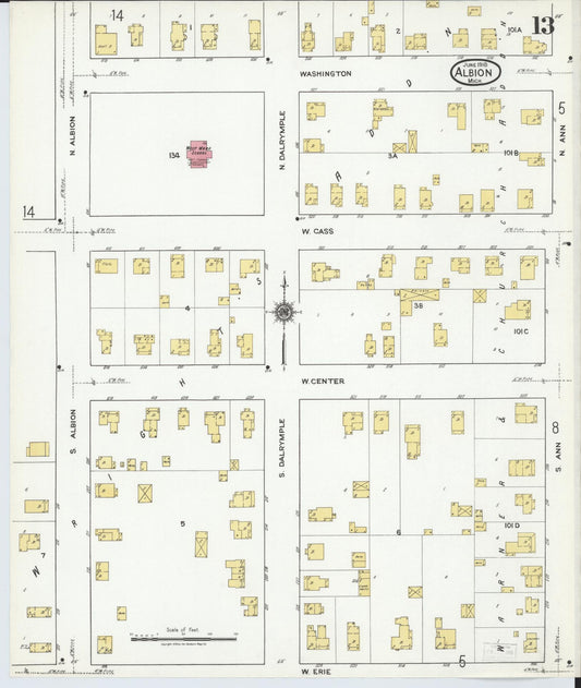 Sanborn Fire Insurance Map from Albion, Calhoun County, Michigan (1918), Sheet #0013 - Historic Sanborn Fire Insurance Map Print, vintage old map wall art, antique decor, genealogy gift, Michigan Michigan map