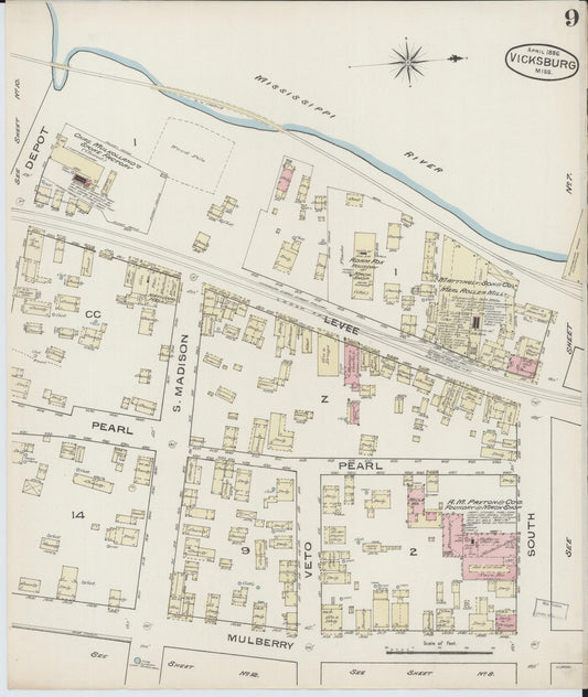 Sanborn Fire Insurance Map from Vicksburg, Warren County, Mississippi (1886), Sheet #0009 - Historic Sanborn Fire Insurance Map Print, vintage old map wall art, antique decor, genealogy gift, Mississippi Mississippi map