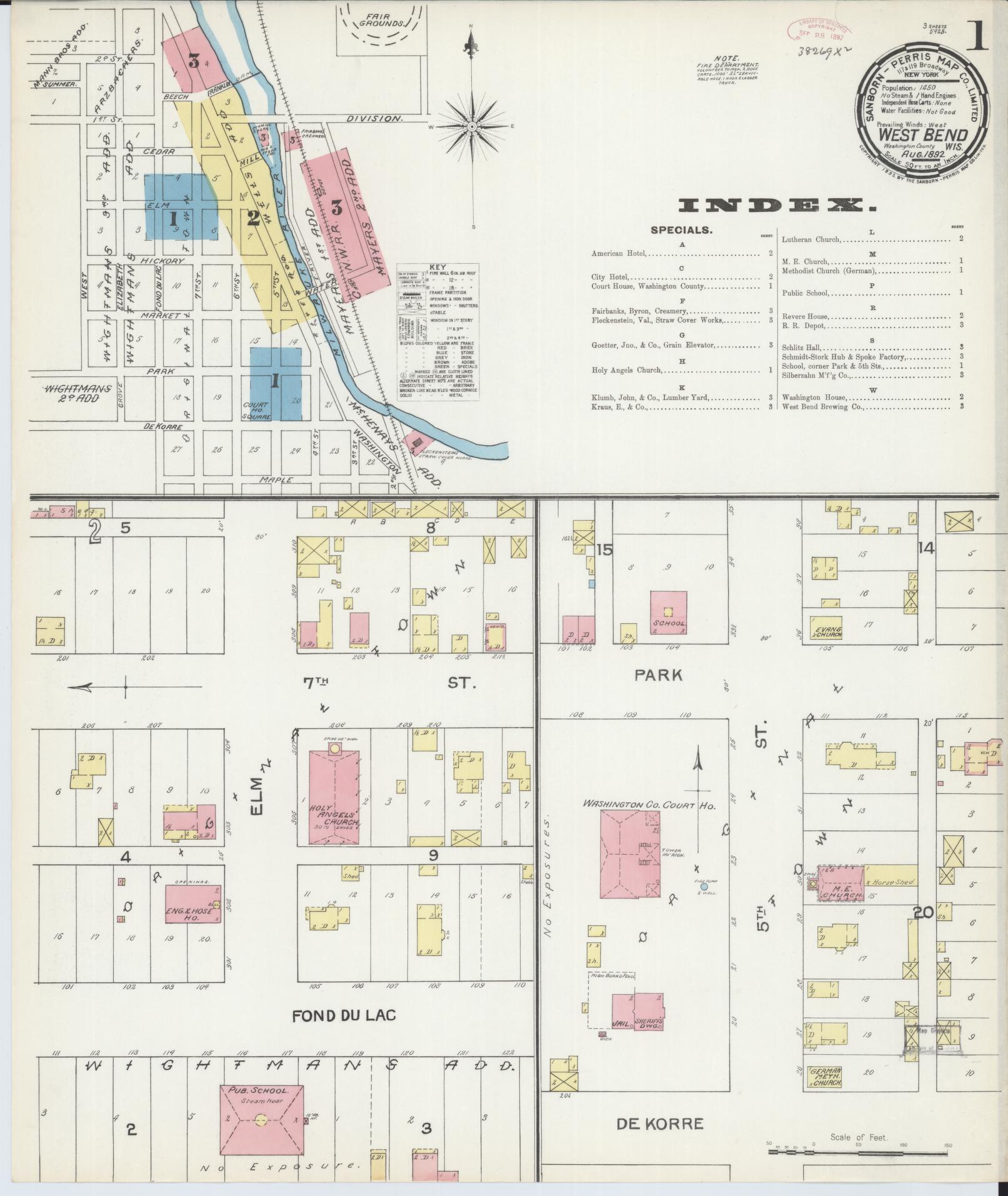 Sanborn Fire Insurance Map from West Bend, Washington County, Wisconsin (1892), Sheet #0001 - Complete Map Set gallery image, historic Sanborn map, vintage wall art, Wisconsin Wisconsin