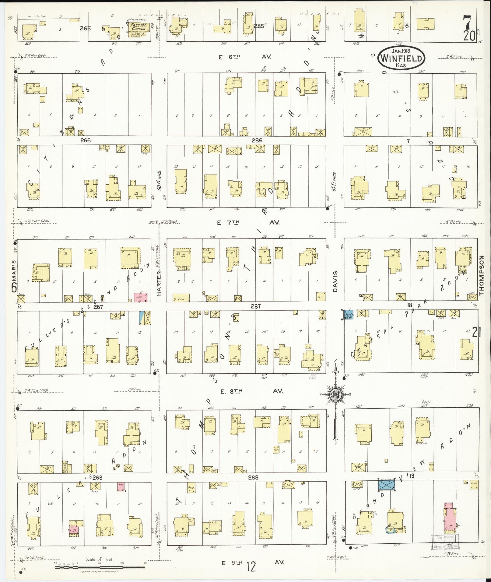 Sanborn Fire Insurance Map from Winfield, Cowley County, Kansas (1918), Sheet #0007 - Complete Map Set gallery image, historic Sanborn map, vintage wall art, Kansas Kansas