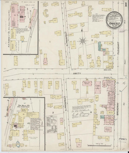 Sanborn Fire Insurance Map from Amherst, Hampshire County, Massachusetts (1887), Sheet #0001 - Historic Sanborn Fire Insurance Map Print, vintage old map wall art, antique decor, genealogy gift, Massachusetts Massachusetts map