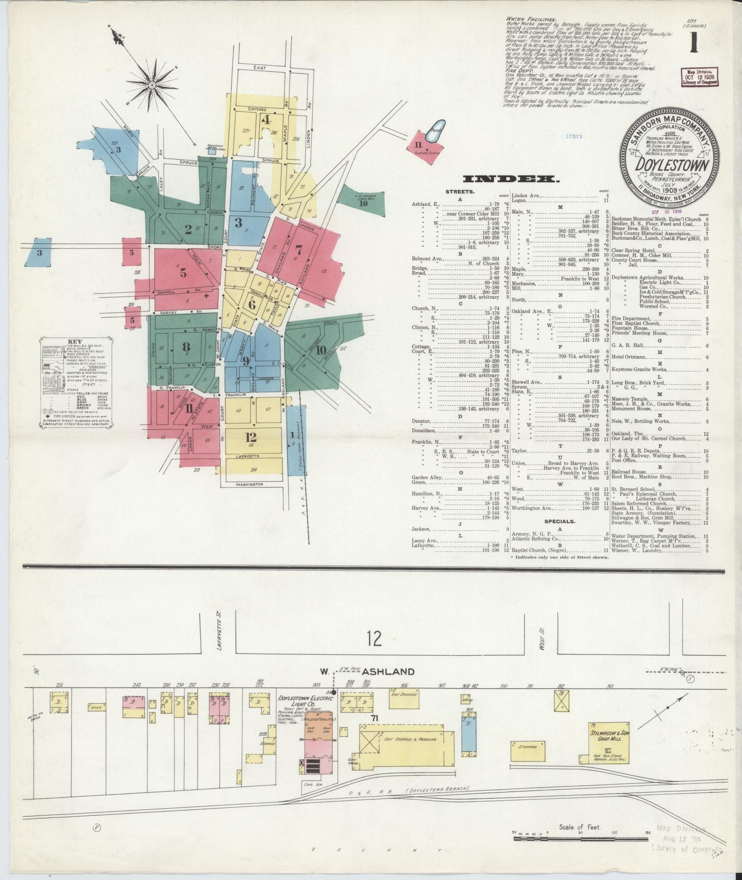 Sanborn Fire Insurance Map from Doylestown, Bucks County, Pennsylvania (1909), Sheet #0001 - Historic Sanborn Fire Insurance Map Print, vintage old map wall art, antique decor, genealogy gift, Pennsylvania Pennsylvania map
