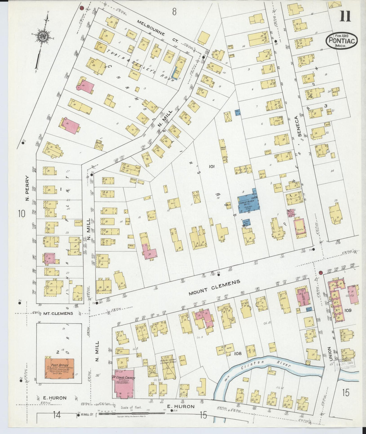 Sanborn Fire Insurance Map from Pontiac, Oakland County, Michigan (1919), Sheet #0011 - Historic Sanborn Fire Insurance Map Print, vintage old map wall art, antique decor, genealogy gift, Michigan Michigan map