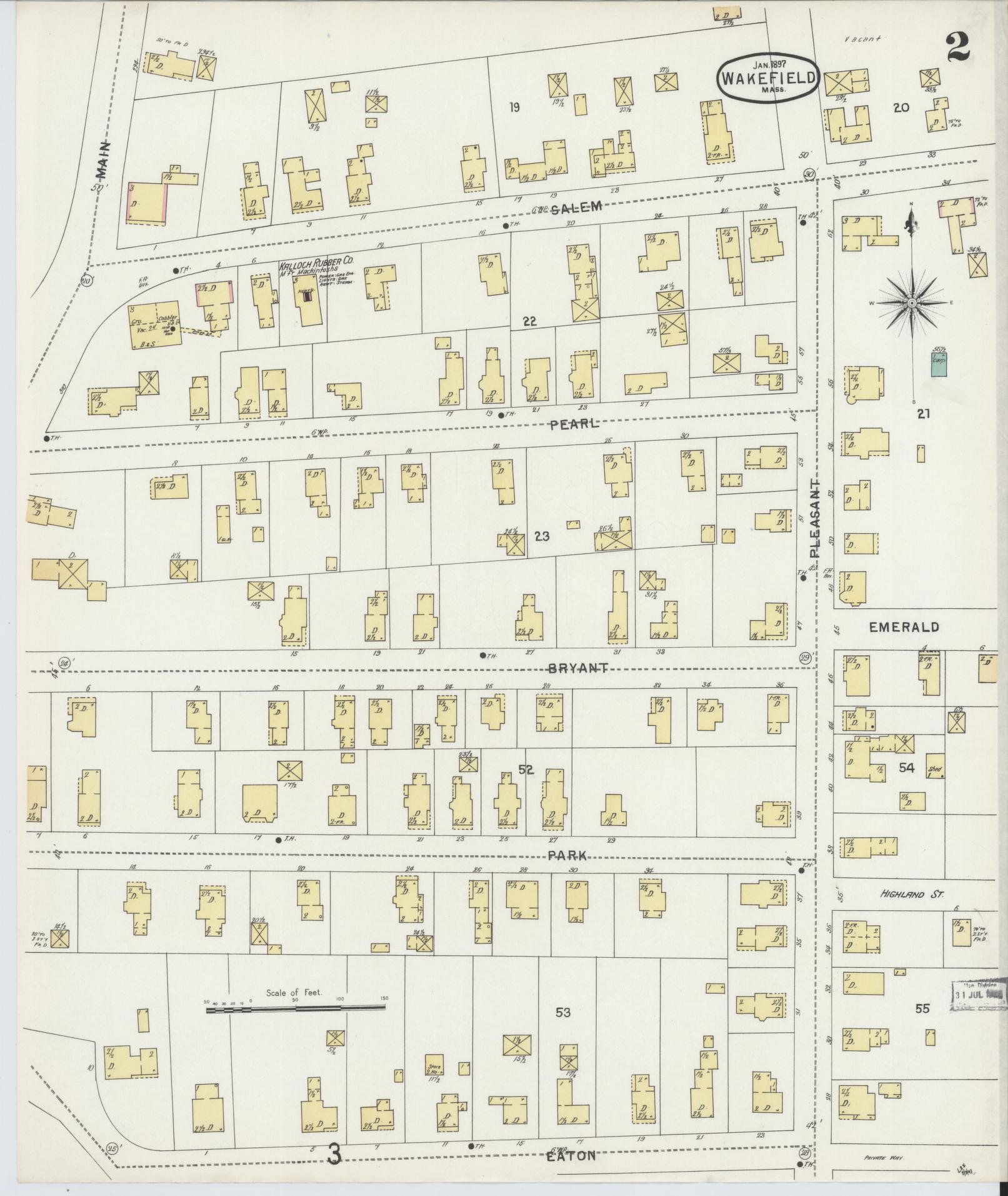 Sanborn Fire Insurance Map from Wakefield, Middlesex County, Massachusetts (1897), Sheet #0002 - Historic Sanborn Fire Insurance Map Print, vintage old map wall art, antique decor, genealogy gift, Massachusetts Massachusetts map