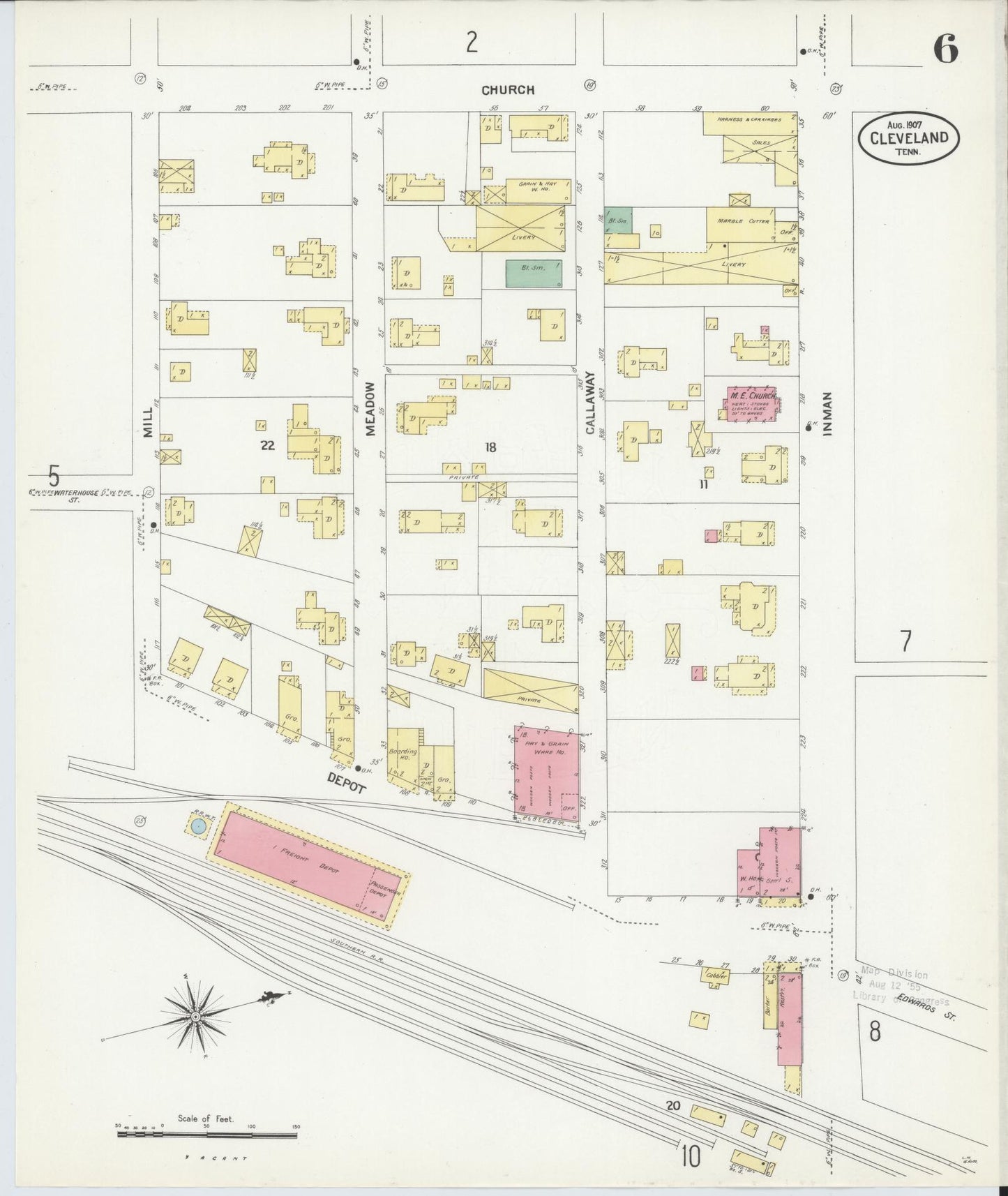 Sanborn Fire Insurance Map from Cleveland, Bradley County, Tennessee (1907), Sheet #0006 - Complete Map Set gallery image, historic Sanborn map, vintage wall art, Tennessee Tennessee
