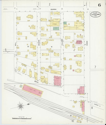 Sanborn Fire Insurance Map from Cleveland, Bradley County, Tennessee (1907), Sheet #0006 - Complete Map Set gallery image, historic Sanborn map, vintage wall art, Tennessee Tennessee