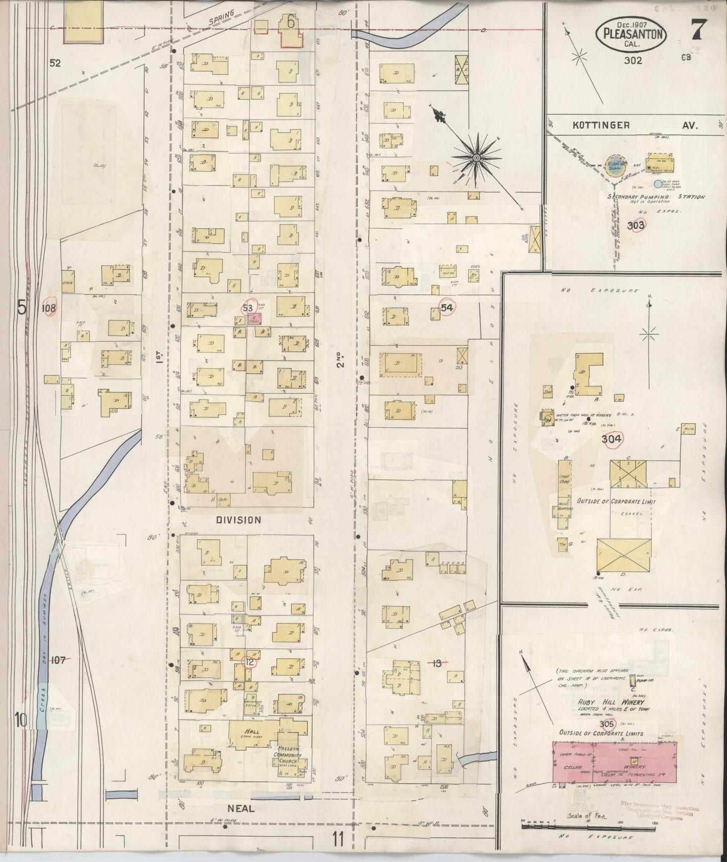 Sanborn Fire Insurance Map from Pleasanton, Alameda County, California (1943), Sheet #0007 - Complete Map Set gallery image, historic Sanborn map, vintage wall art, California California