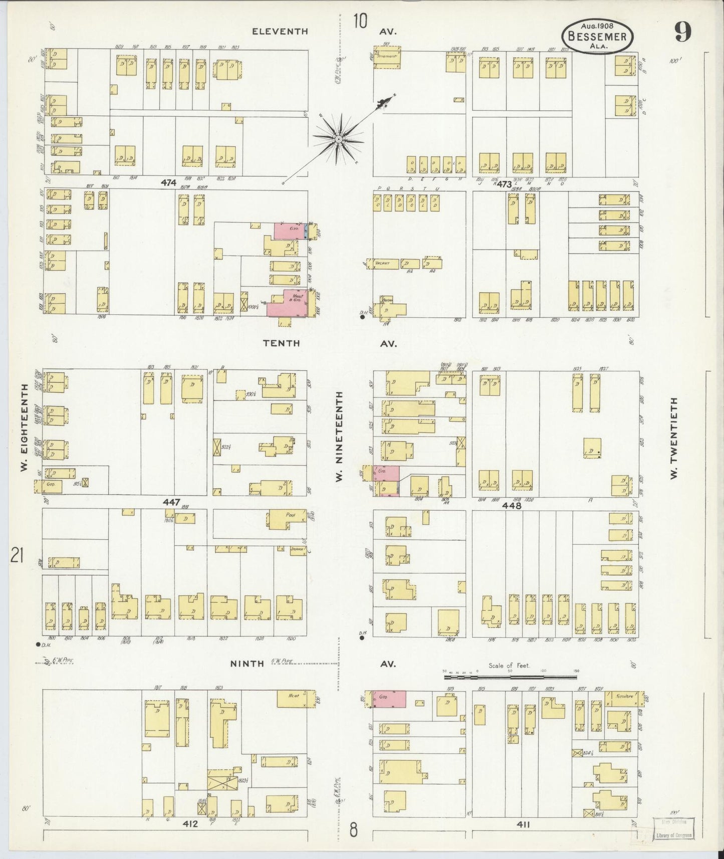 Sanborn Fire Insurance Map from Bessemer, Jefferson County, Alabama (1908), Sheet #0009 - Complete Map Set gallery image, historic Sanborn map, vintage wall art, Alabama Alabama