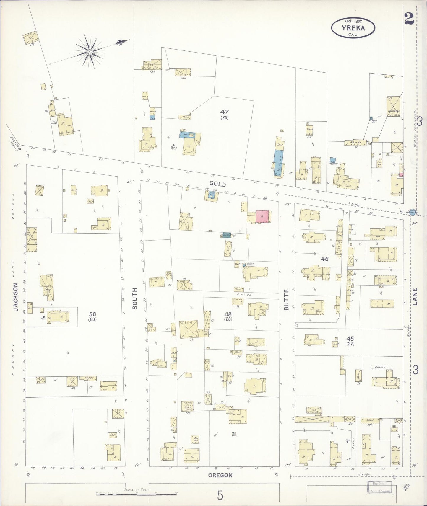 Sanborn Fire Insurance Map from Yreka, Siskiyou County, California (1897), Sheet #0002 - Complete Map Set gallery image, historic Sanborn map, vintage wall art, California California