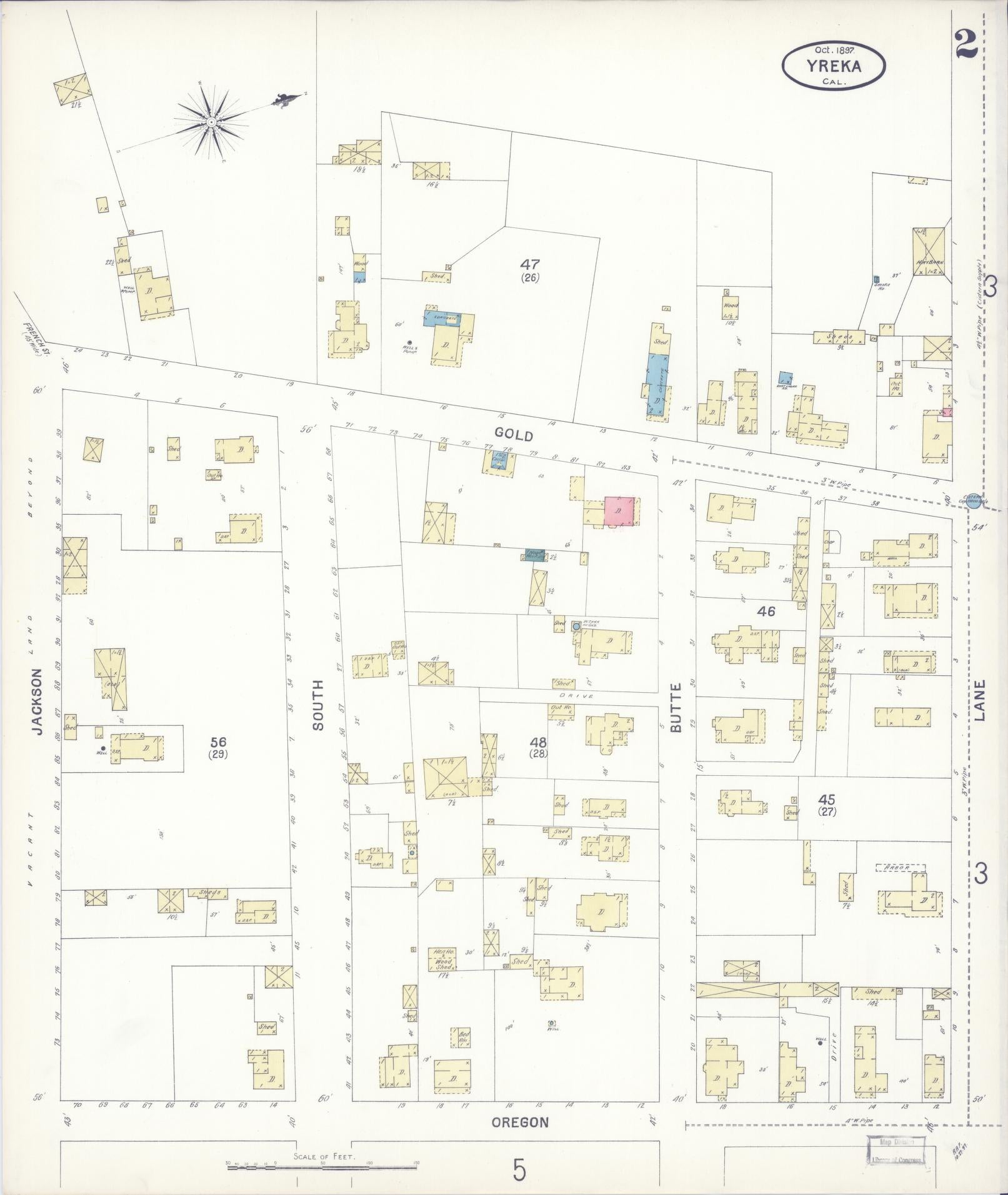 Sanborn Fire Insurance Map from Yreka, Siskiyou County, California (1897), Sheet #0002 - Complete Map Set gallery image, historic Sanborn map, vintage wall art, California California